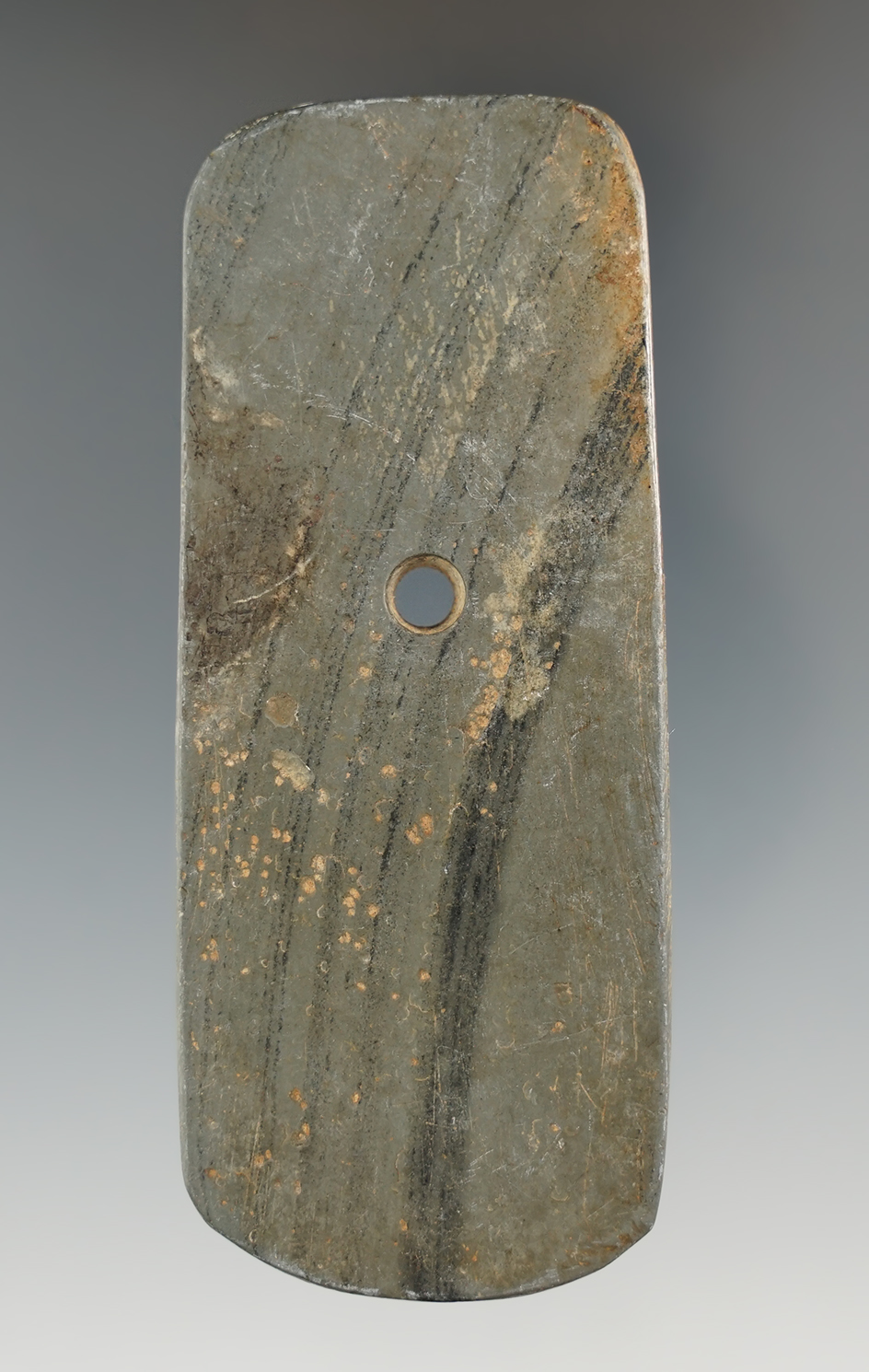 3 11/16" Hopewell Trapezoidal Pendant made from green and black Banded Slate. Ohio