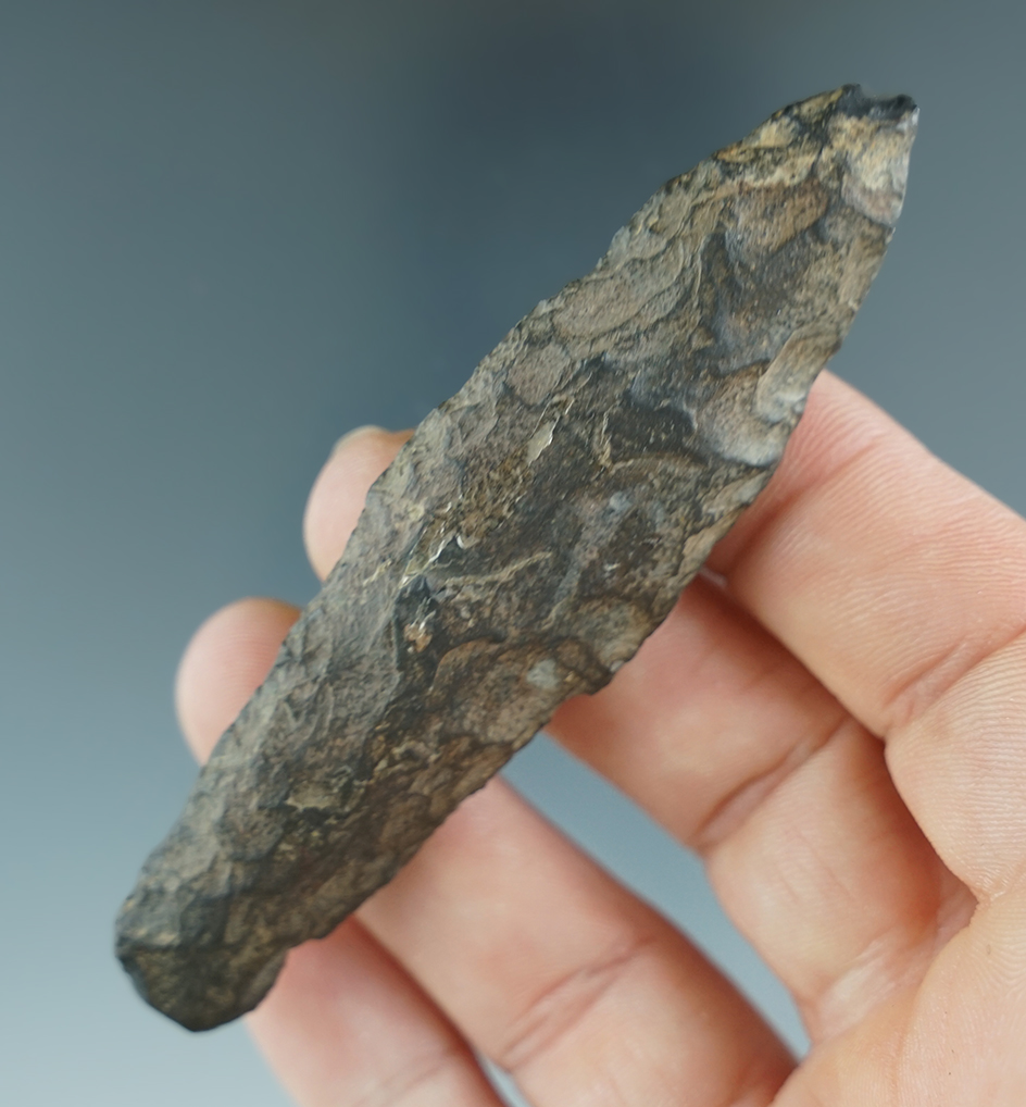 3 7/16" Paleo Haskett made from basalt found by C. D. Brault in 1930 in Christmas Valley, OR.