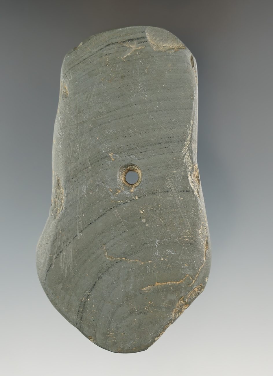 3 13/16" Hopewell Pentagonal Pendant made from gray and black Banded Slate, Ohio.