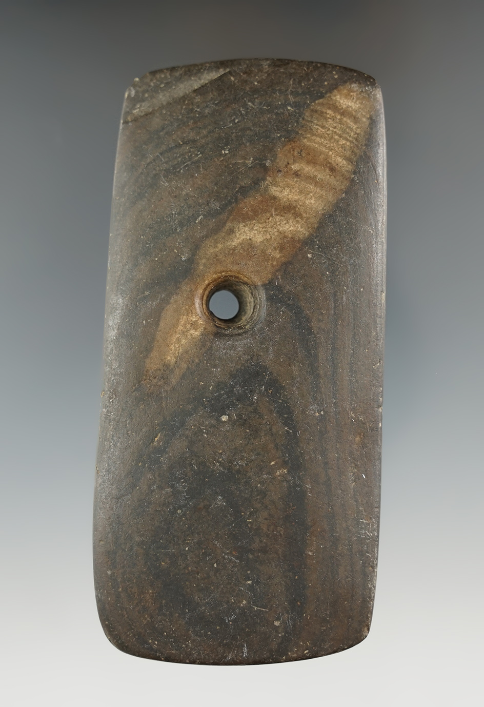 4 3/16" Adena Rectangular Pendant made from Banded Slate, found in Licking Co., Ohio.