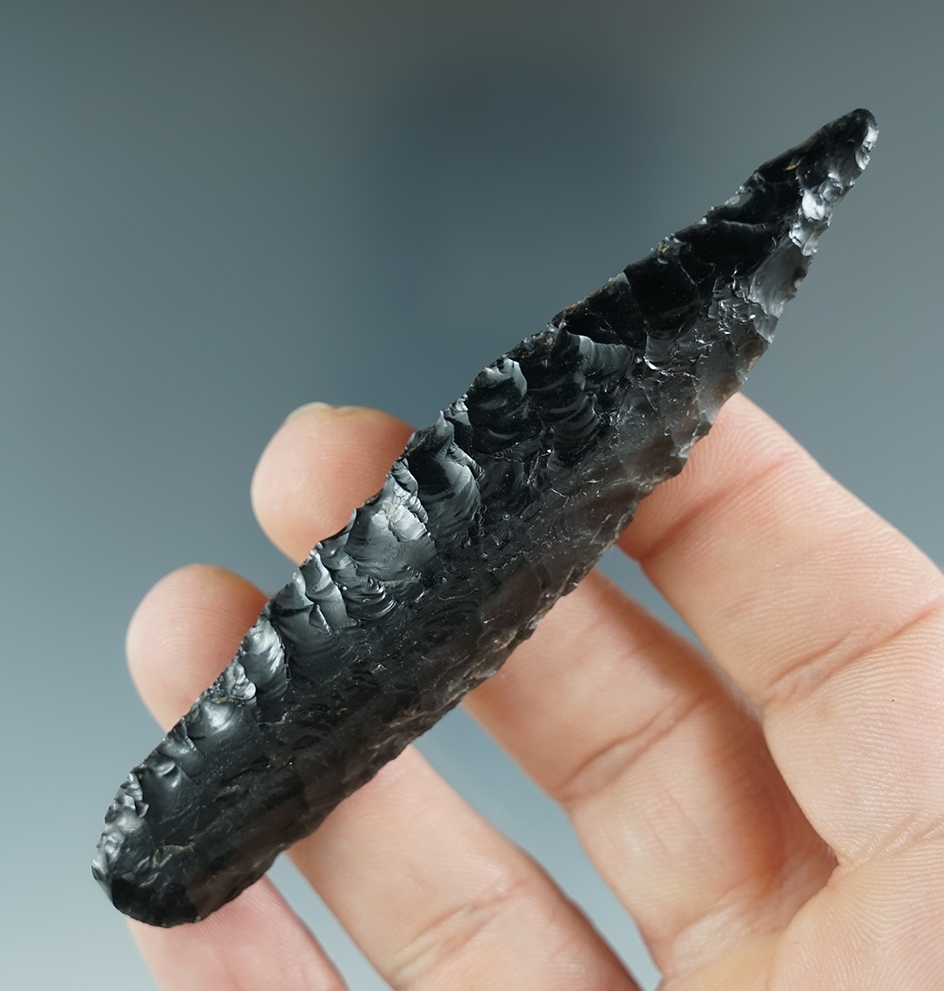 3 9/16" Paleo Haskett with nicely ground lower edges found near Klamath Falls, Oregon.