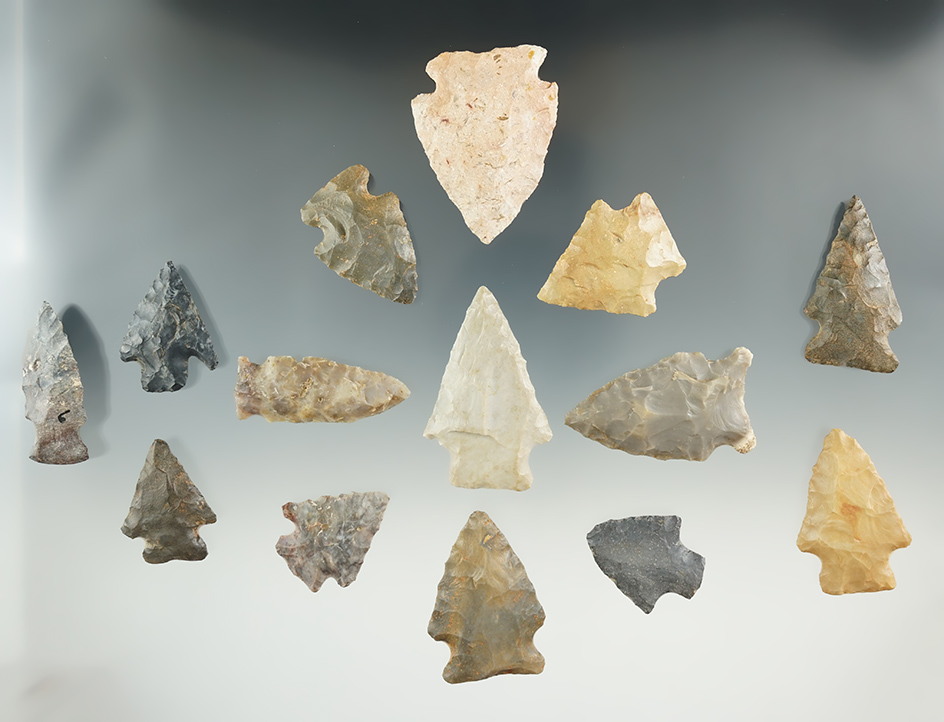 Nice set of 14 assorted Kentucky/Tennessee arrowheads, largest is 1 7/8".