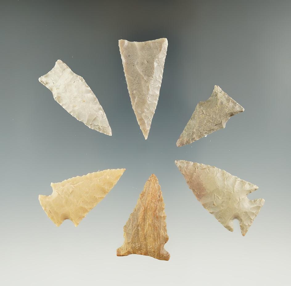 Six assorted arrowheads found in Texas, largest is 1 3/4".