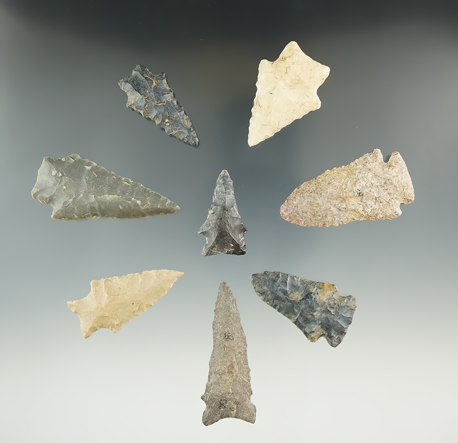 Group of eight assorted arrowheads found in Kentucky, largest is 2 1/8".