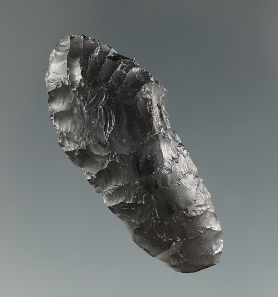 1 5/8" Paleo Lake Mohave with nicely ground stem found in southern Oregon. Ex. Jim Hogue