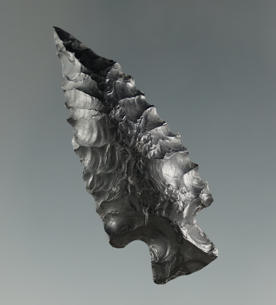 1 3/4" Rose springs Cornernotch made from obsidian found in Lake County Oregon.