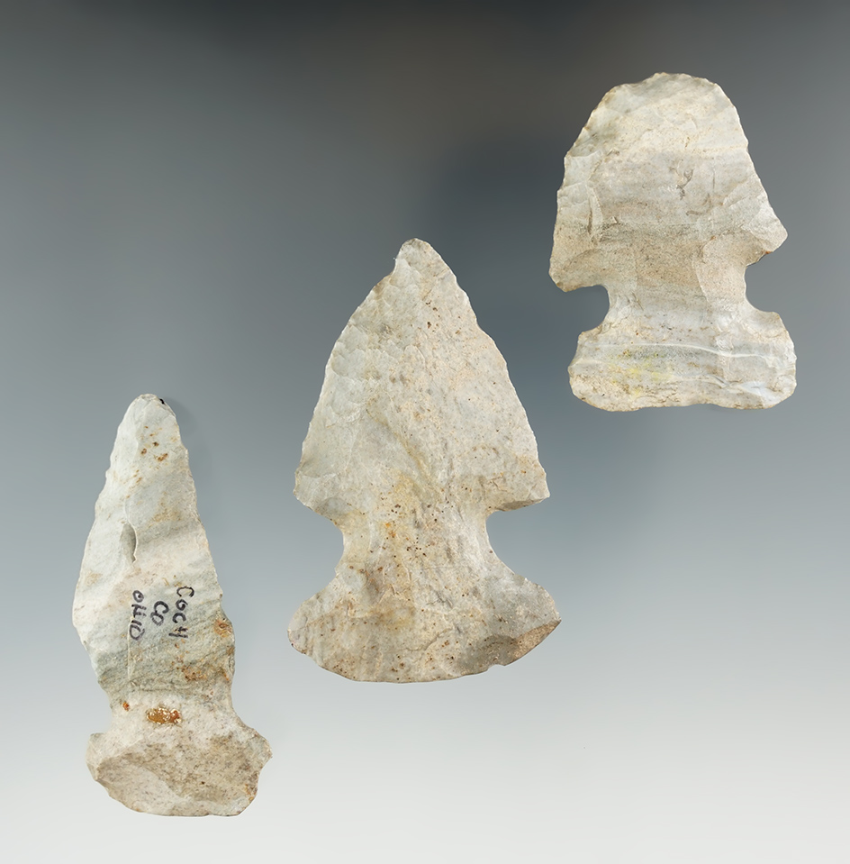 Set of three Thebes knives made out of Indiana green. Largest is 2 1/2".