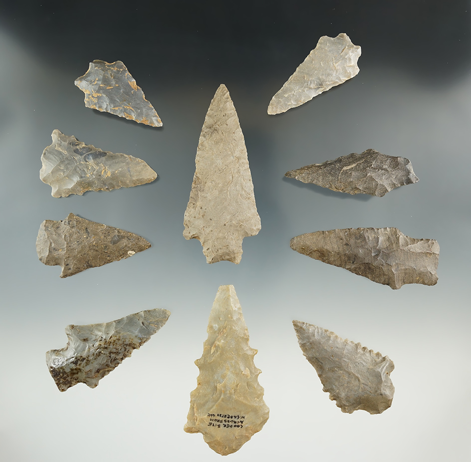 Set of 10 assorted points and knives found in Kentucky and Tennessee, largest is 3 1/16".