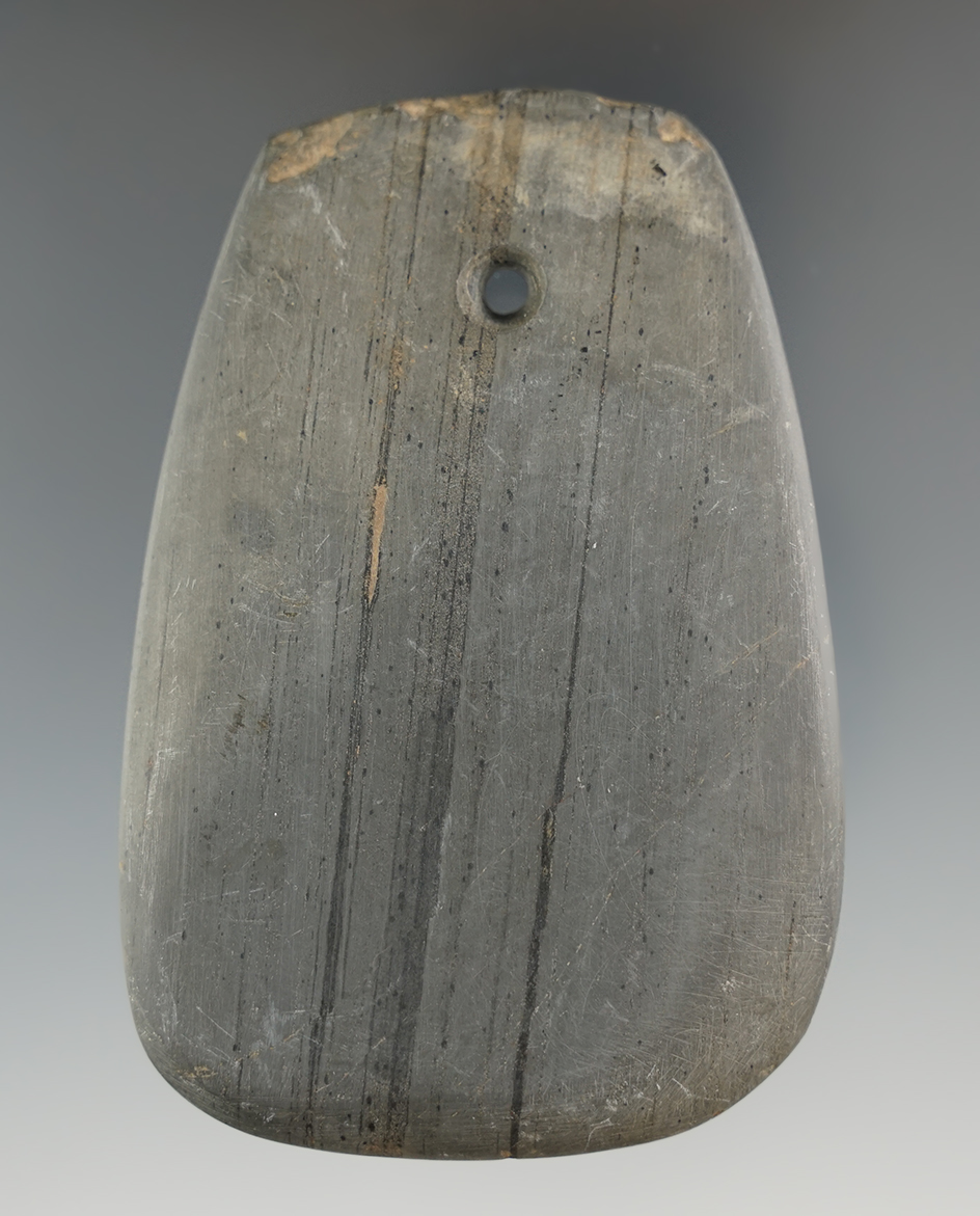 3 5/16" Adena Teardrop Pendant made from Banded Slate, found in Ohio. Ex. Steve Hamm