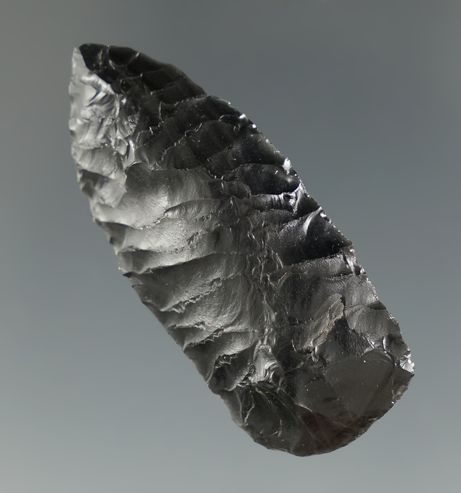 1 3/4" obsidian Agate Basin found near the Columbia River, Oregon.  Ex. Jim Hogue