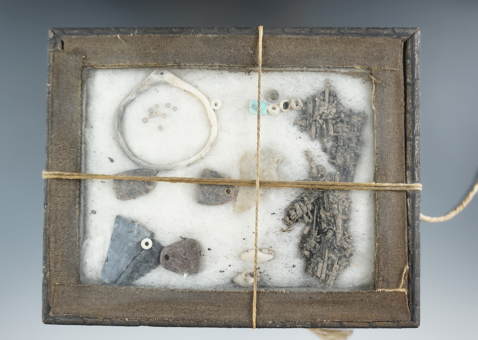 Early 1900's original frame of Ft. Ancient relics including shell,  pendants, triangle points, Ohio.