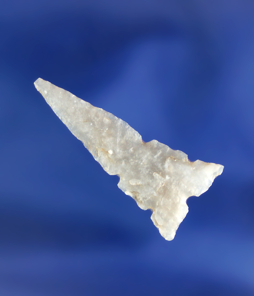 Unique notches on this 1 3/16" translucent chalcedony arrowhead found in the southwest.