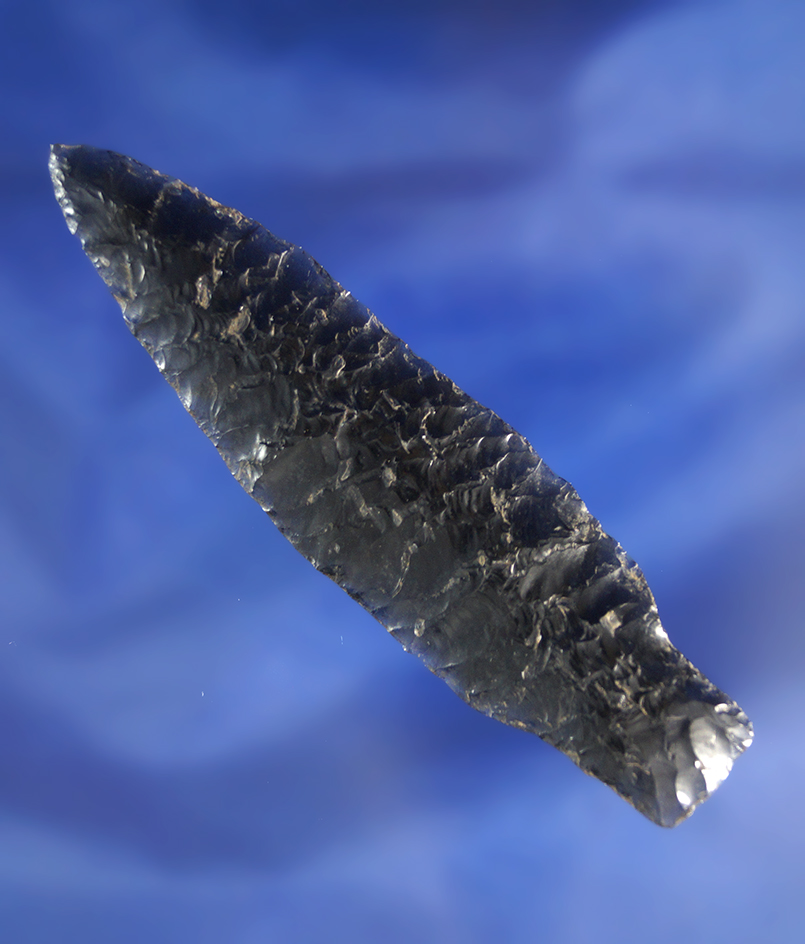 Exceptionally well made and thin! 3 7/16" nicely patinated obsidian Shaniko stemmed point - Oregon.