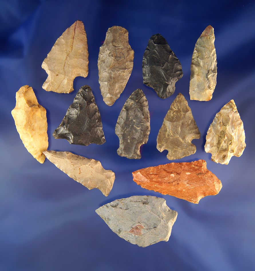 Set of 12 assorted arrowheads found in the Midwest, largest is 2".