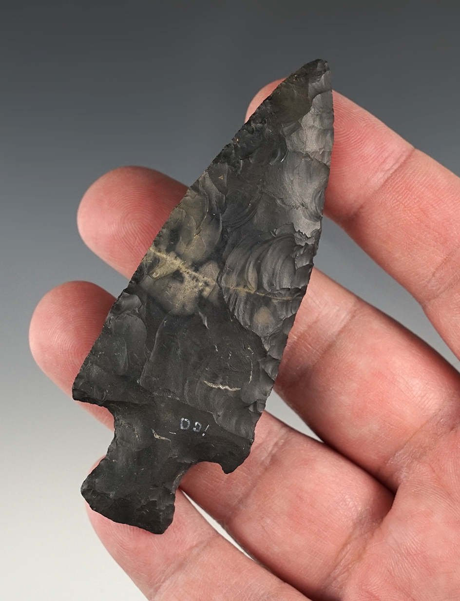 3 3/8"Archaic Stemmed point found in Miami Co., Ohio. Ex. Terry Elleman collection.