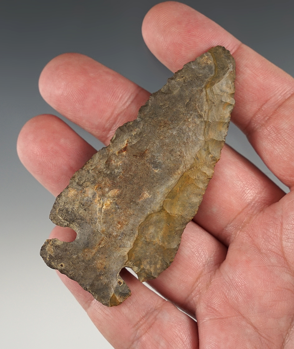Classic styled 3 1/4" Thebes point found in Shelby Co., Ohio. Made from Coshocton flint.