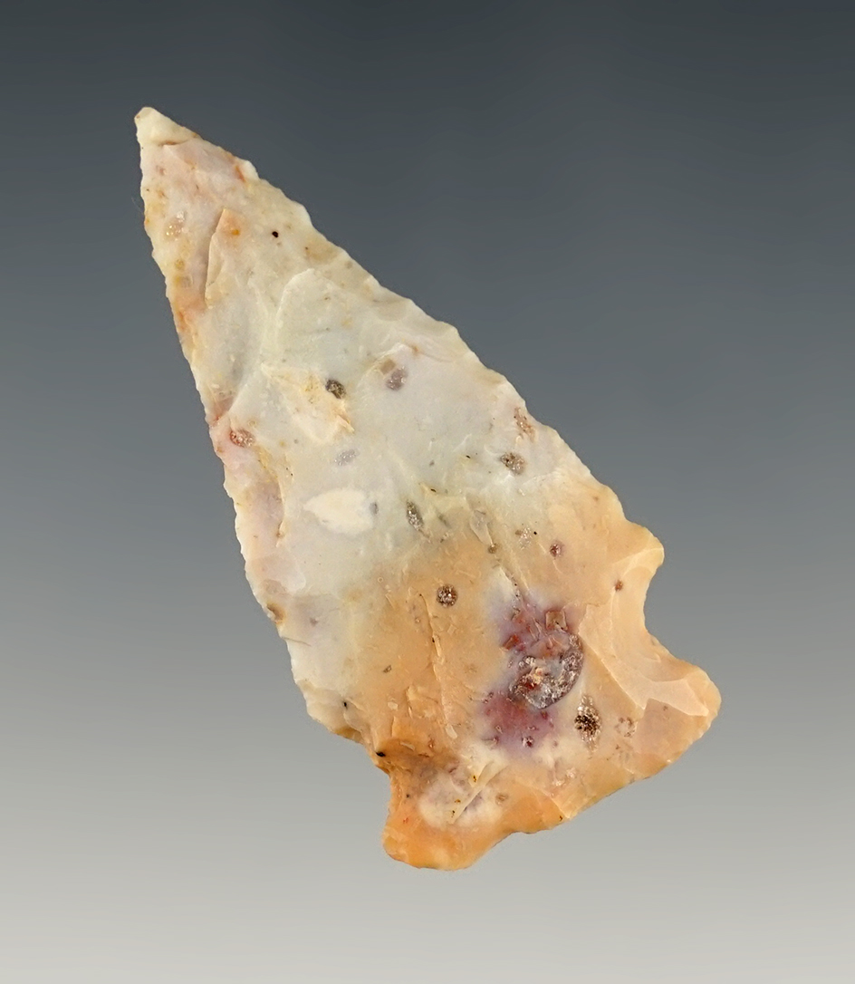 Colorful 2" Hopewell point made from Flint Ridge flint. Found in Delaware Co., Ohio.