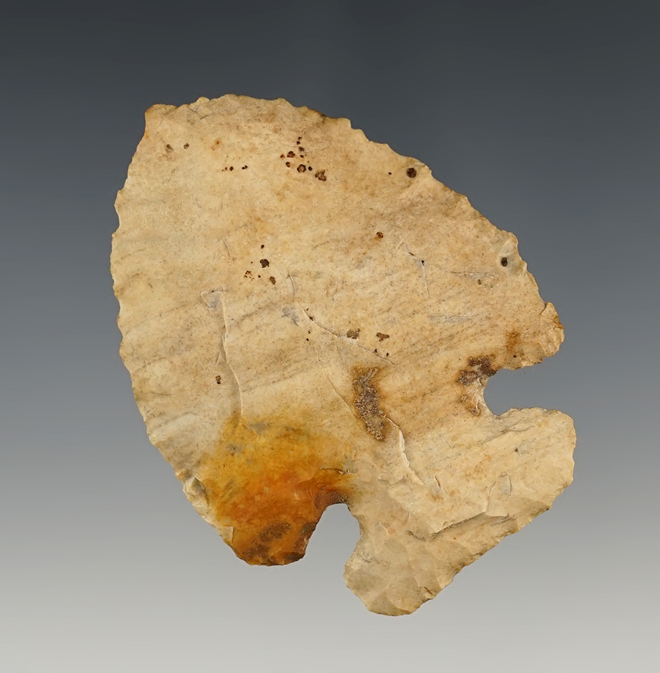 2 1/2" Thebes found in Logan Co., Ohio. Made from well patinated tan chert.