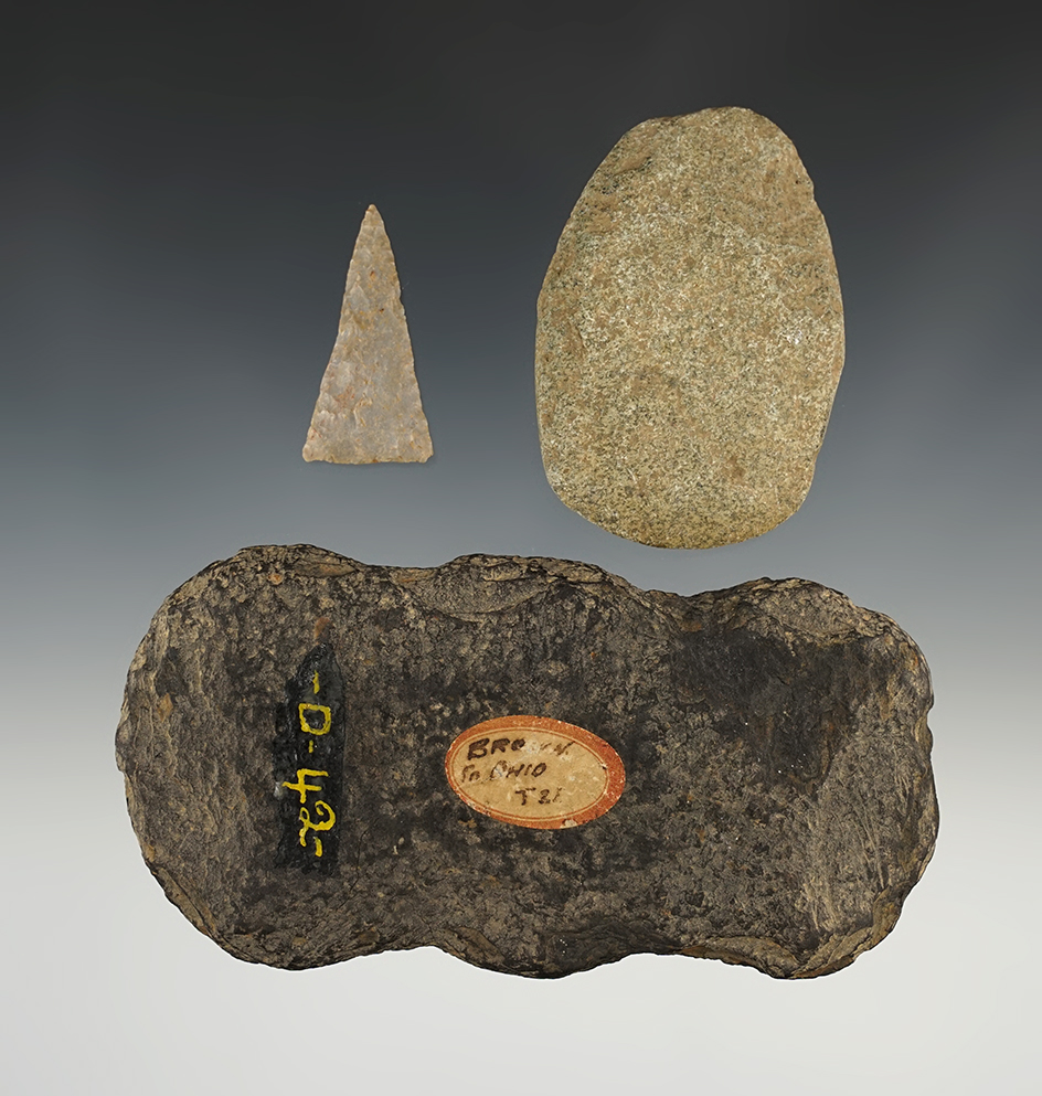 Set of 3 nice Ohio/Indiana artifacts including a Triangle point and a Celt. The largest is 5".