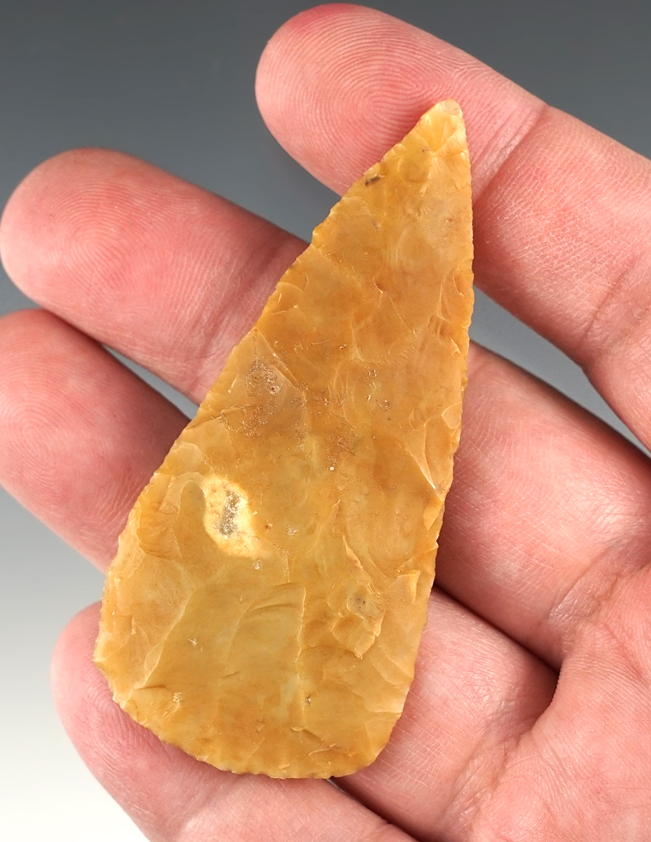 2 13/16"  Adena Leaf-Shaped Blade found near Wakefield, Union Co., Ohio. Flint Ridge flint.