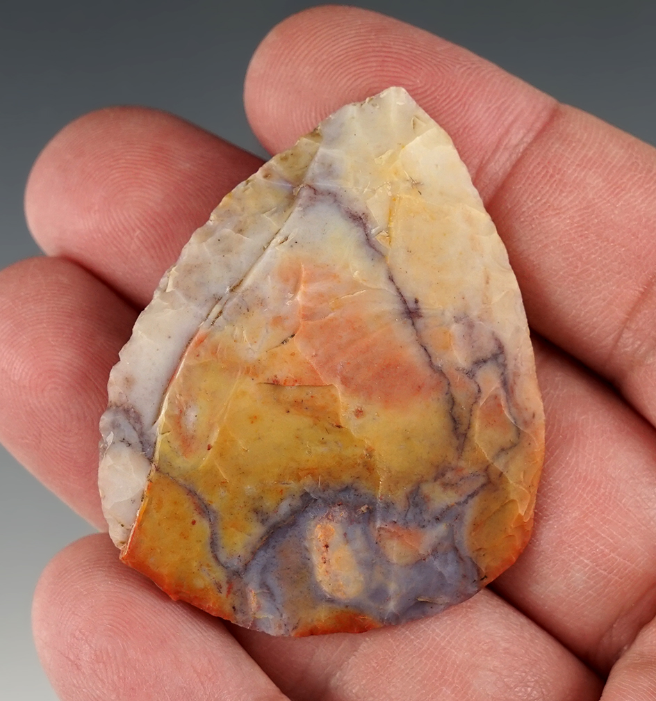 2 1/16" Adena Leaf-Shaped Blade found in Licking Co., Ohio. Highly colorful Flint Ridge flint.