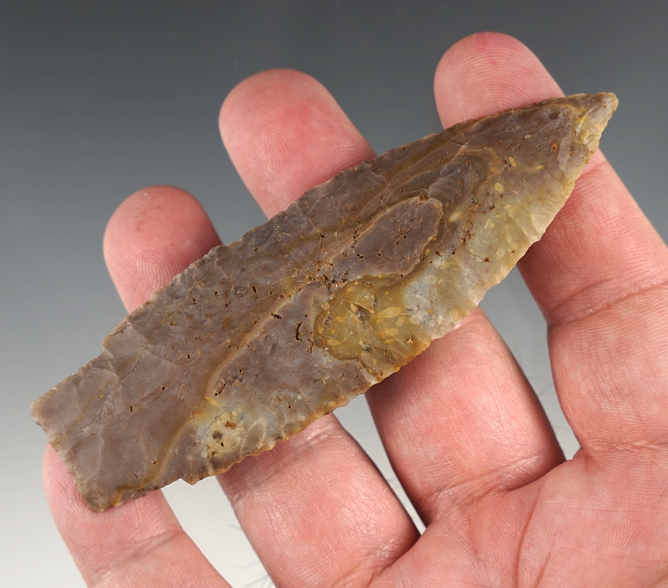 Highly colorful 4" Stemmed Lanceolate found in Putnam Co., Ohio. Incredibly thin. Tightly glued.