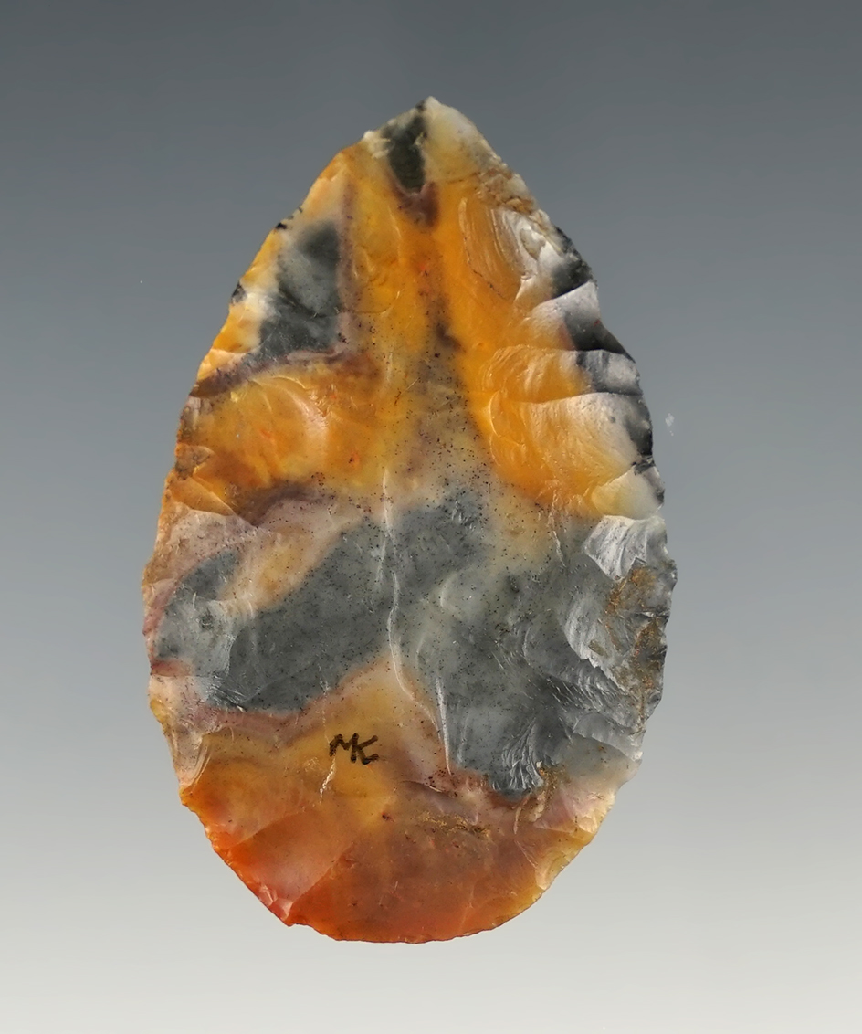 Highly colorful 2" Adena Leaf-Shaped Blade found in Ohio. Amazing multi-colored Flint Ridge.