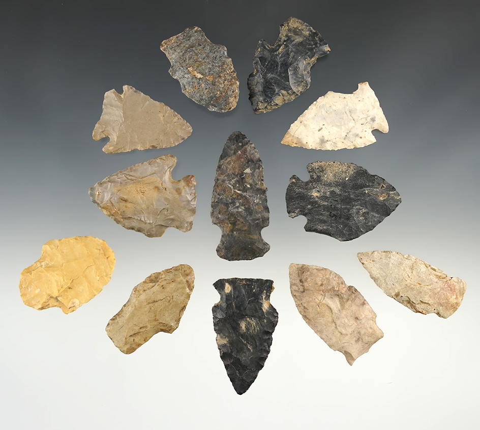 Twelve Arrowheads made of Coshocton Flint, largest is 2 1/16". Found in Tuscarawas Co., Ohio.
