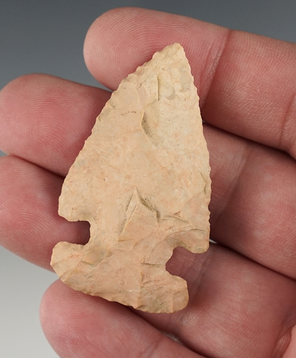 2" E-Notch Point made from pink Chert. Found on the Whitman Farm, Crawford Co., Ohio.