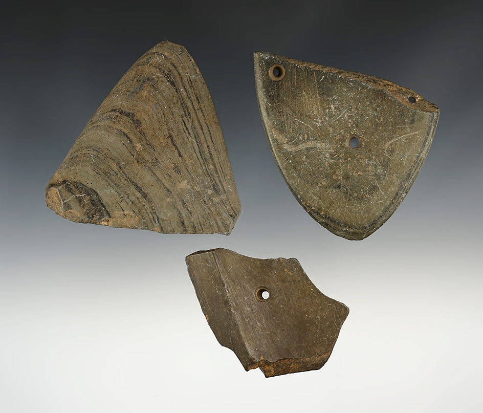 Set of 3 anciently salvaged slate pieces found in the Midwest. The largest is 3 1/4".