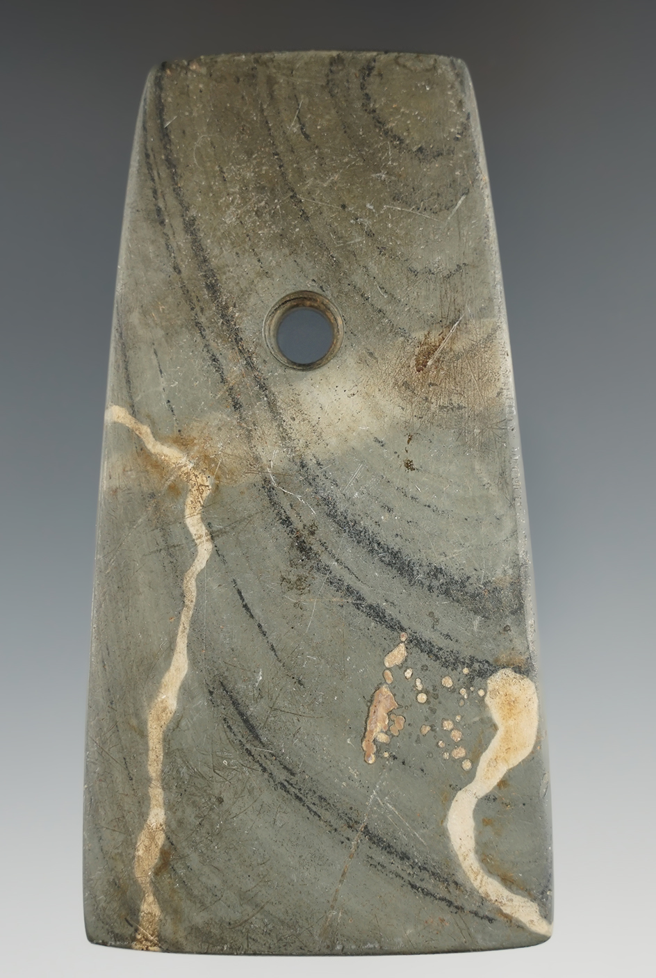 3 7/8" Adena Trapezoidal Pendant made from Banded Slate with "worm tracks". Wood Co., Ohio.