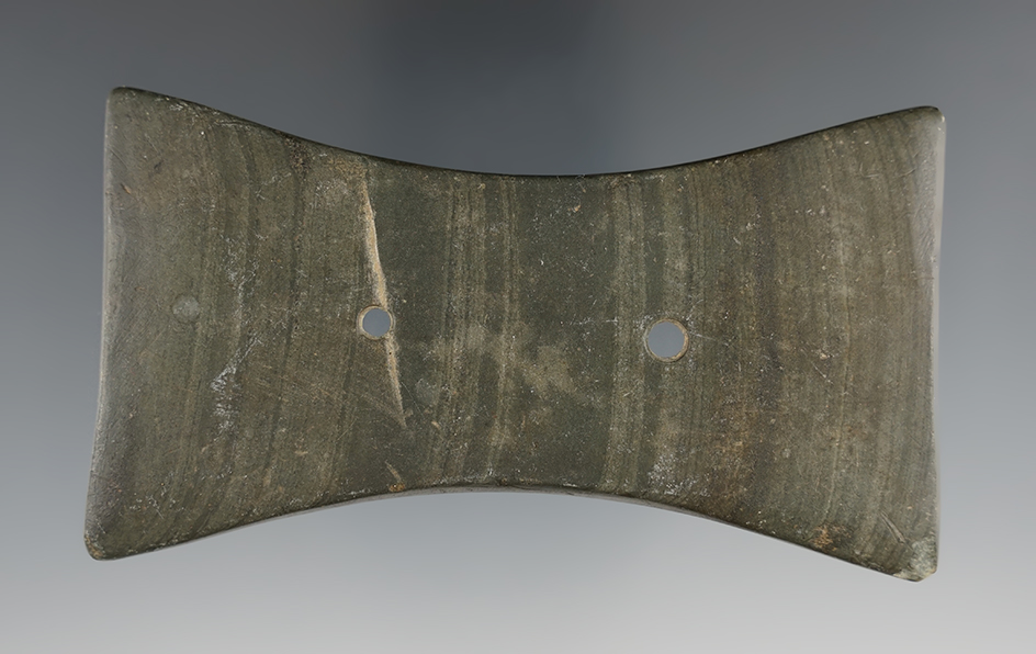 3 7/8" Adena Quadriconcave Gorget found in Richland Co., Ohio. Pictured. Puttera COA.