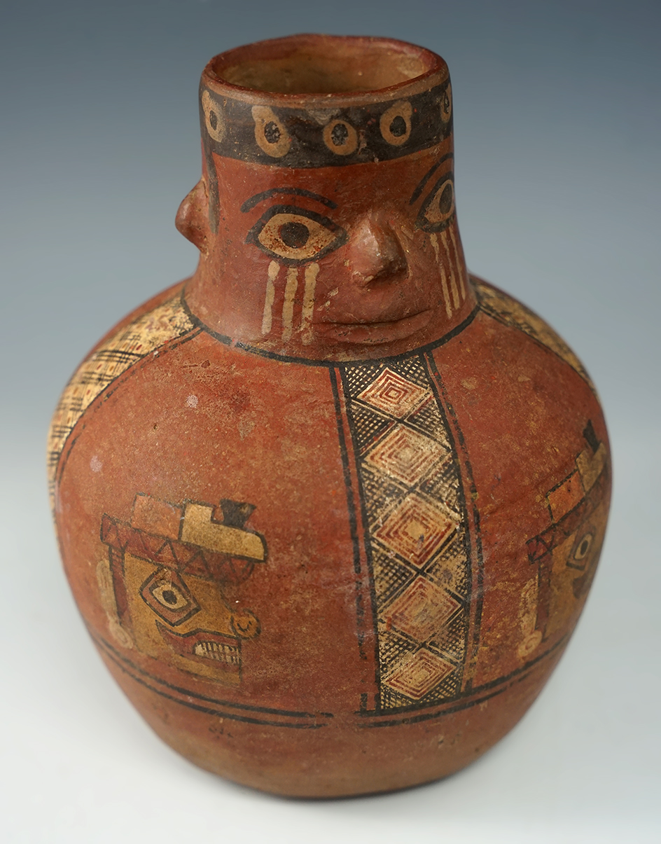6 1/2" tall Human Effigy pot, Wari, circa 500 A.D. Imperial style of the Highlands, Cusco, Peru.