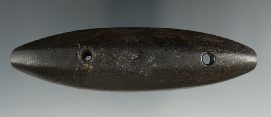 5 3/16" Glacial Kame Gorget found in Delaware Co., Ohio, with restoration to 1 1/2" of one end.