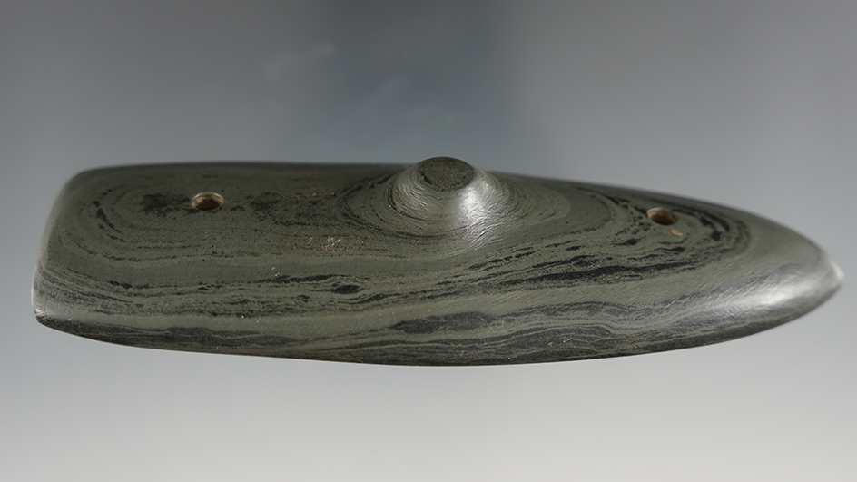 4 3/4" Spineback Gorget made from green Banded Glacial Slate, found in Knox Co., Ohio. 3 COAs.