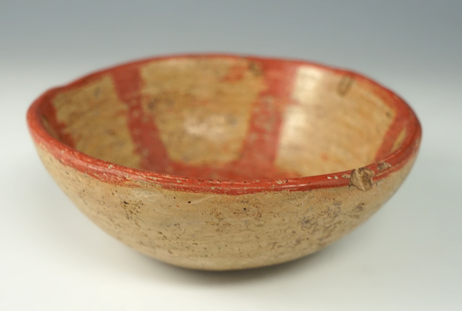 4 1/2" wide x 1 1/2" tall Pre-Columbian pottery bowl with interior paint in solid condition.