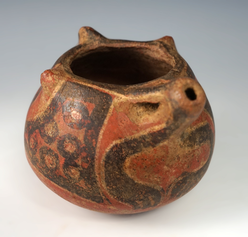 4" wide x 3" tall Pre-Columbian Zoomorphic pottery vessel from Costa Rica. Very nicely painted.
