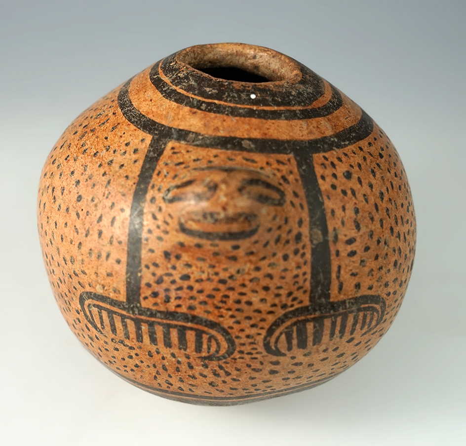 Highly decorated 3 3/4" tall x 4" wide Pre-Columbian Effigy pottery vessel.