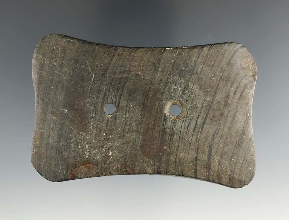 3 3/8" Quadriconcave Gorget made from Banded Slate, found in Ashland Co., Ohio. Ex. M.Cole.