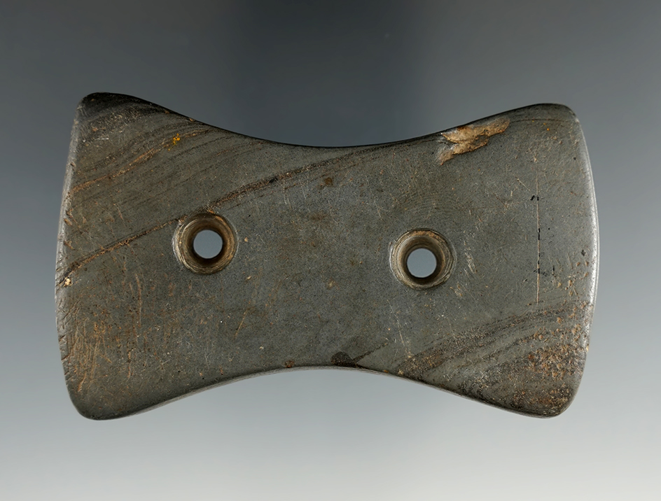 3 3/16" Bi-Concave Gorget made from Slate, found in Ohio. Ex. Hovan Collection.