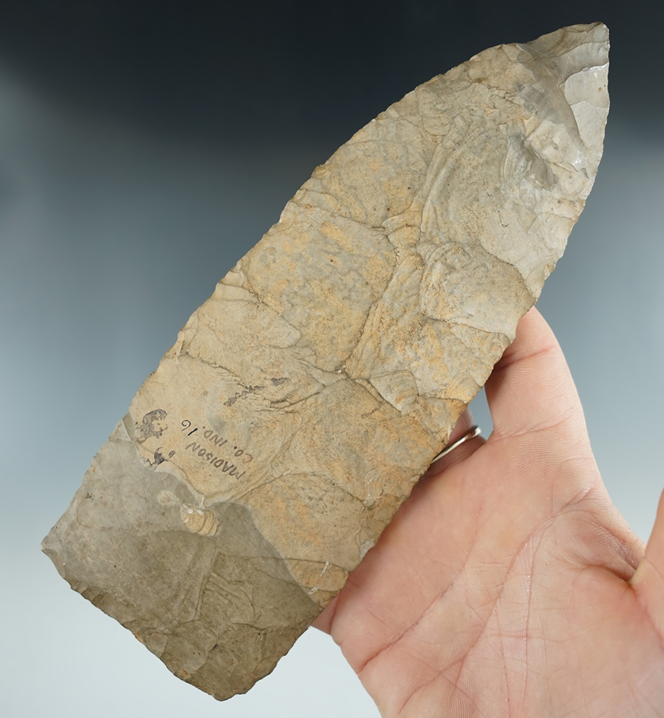 Large 7 1/4" Flint Knife found in Madison Co., Indiana. Ex. Ron Saver Collection.