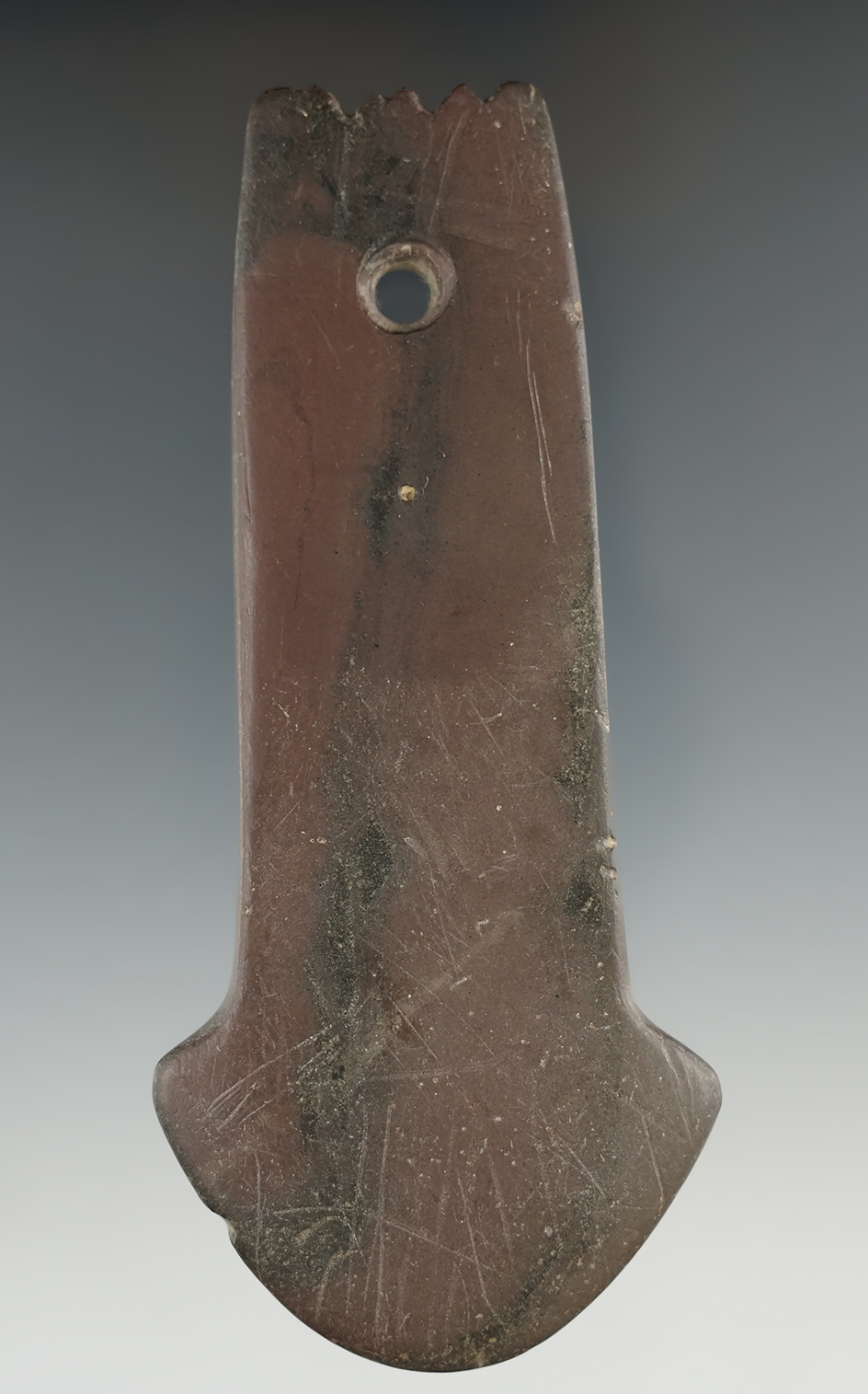 4 3/4" Adena Anchor Pendant with a uniquely fringed top. Found in Bronson Twp., Huron Co., Ohio.