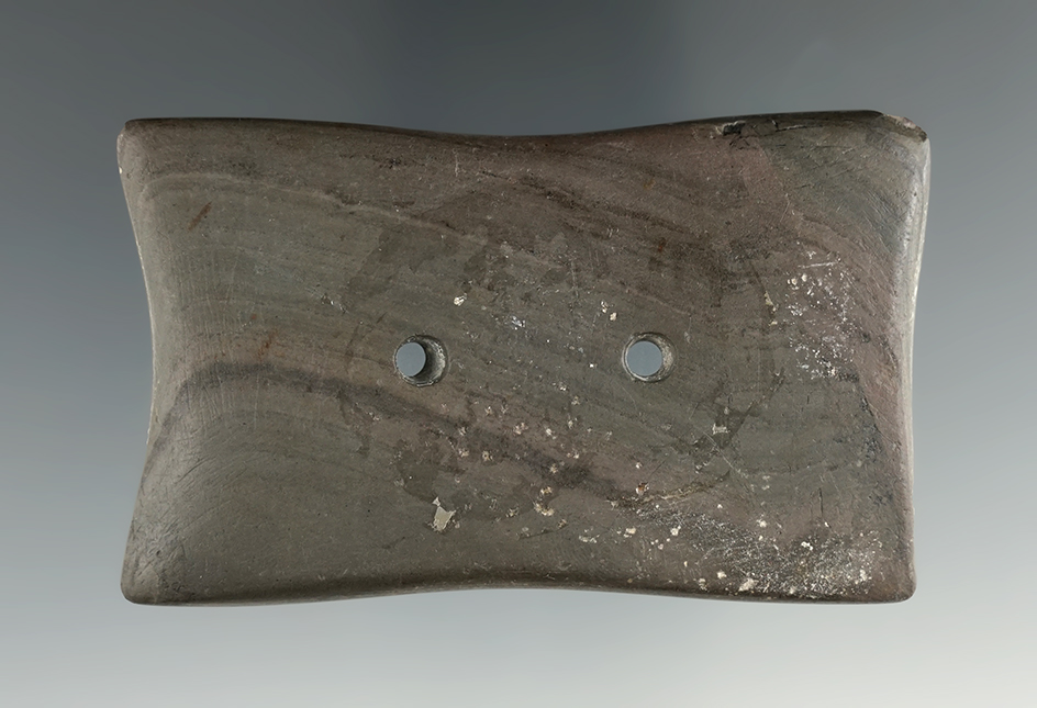 3" Slate Quadriconcave Gorget found in Wyandot Co., Ohio. Ex. Dell Museum.