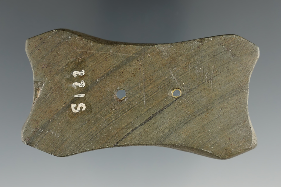 3 1/4" Reel Gorget made from green and black Banded Slate, found in Ohio.