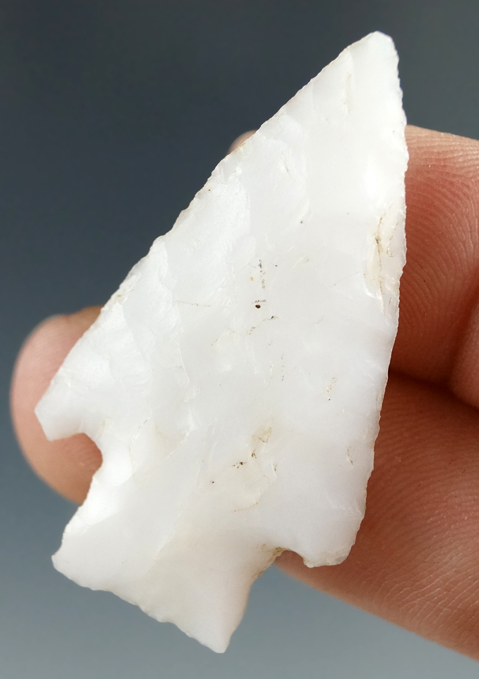 1 5/8" Stemmed Dart Point made from White Agate, found near the Columbia River.