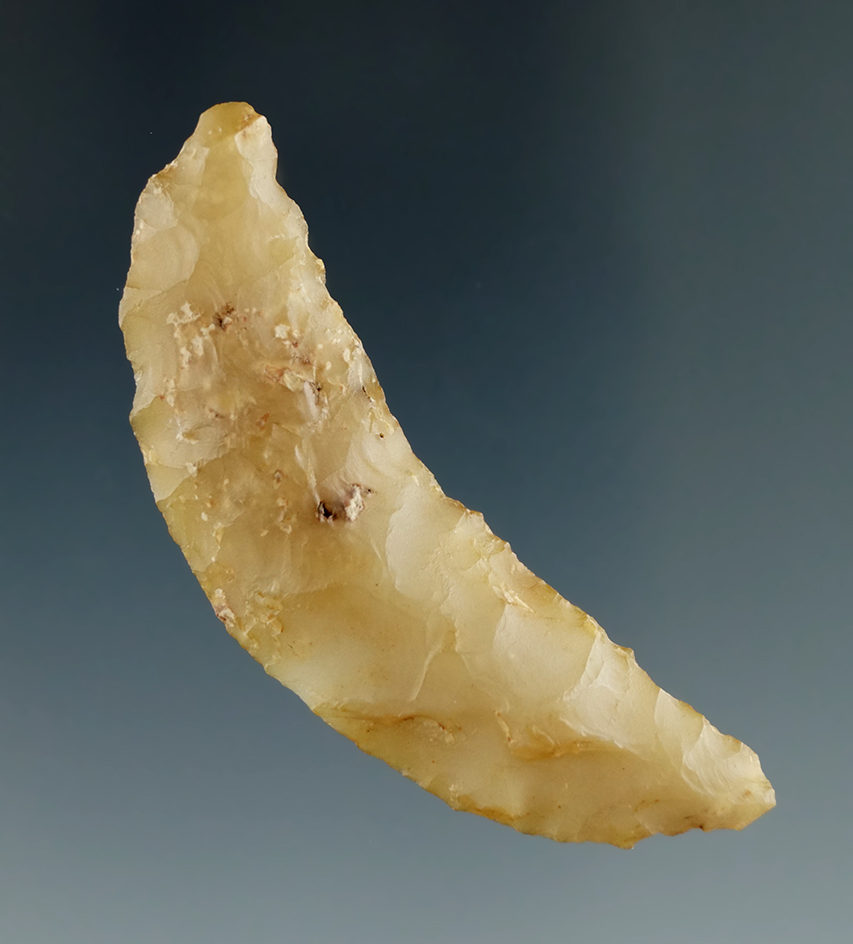 2" Paleo Crescent made from Yellow Translucent Agate, found in the Alvord Desert, Oregon.