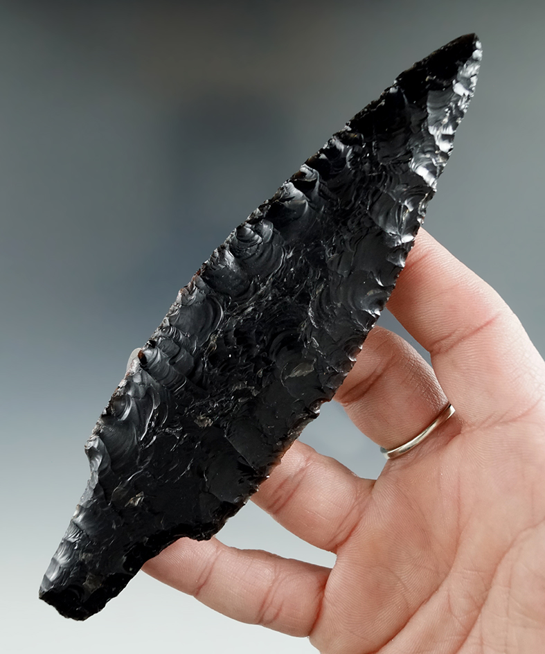 5 3/4" Stemmed Knife made from Obsidian, broken and glued. Found in the Great Basin, Oregon.
