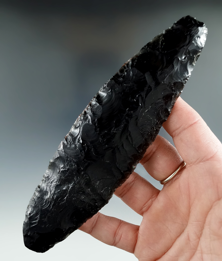 5 15/16" Bi-point Knife made from Obsidian, broken and glued. Found in the Great Basin, Oregon.