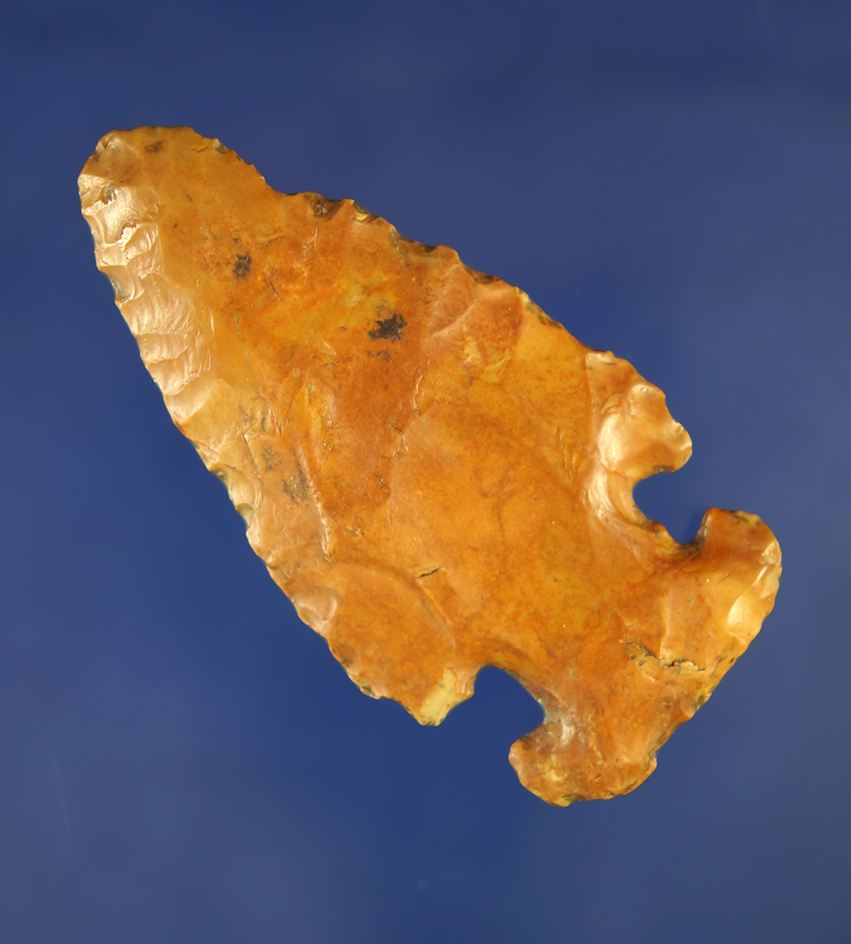 2 7/8" Flint Ridge Flint E-Notch Thebes  found in Ross Co.,  Ohio. Ex. Copeland collection #204.