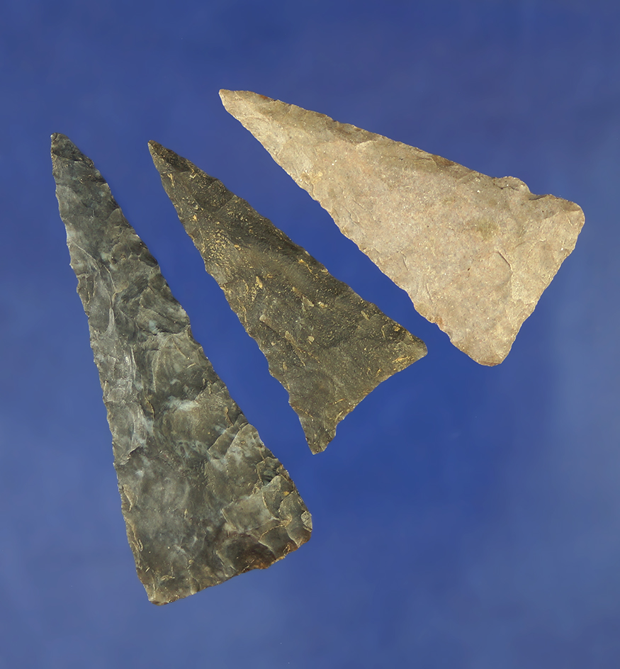 Set of three well made Ohio Triangle points, largest is 2 7/16".